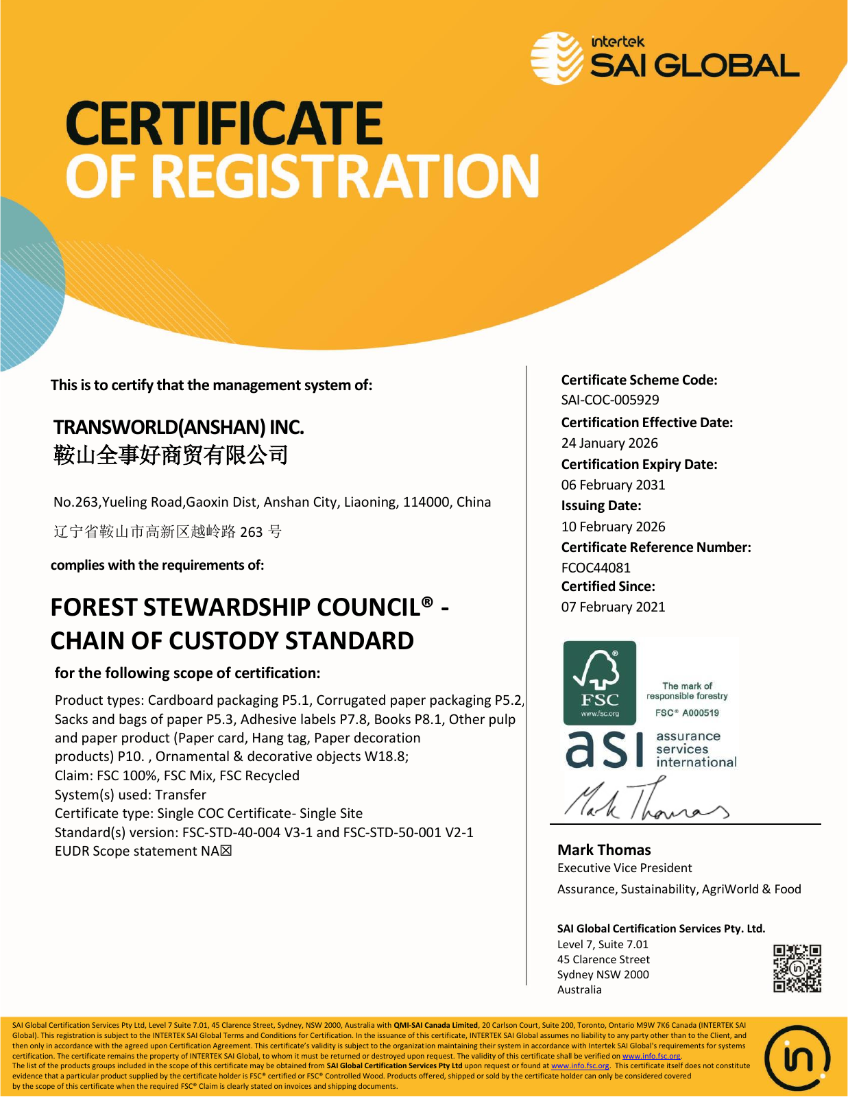 FSC Chain of Custody